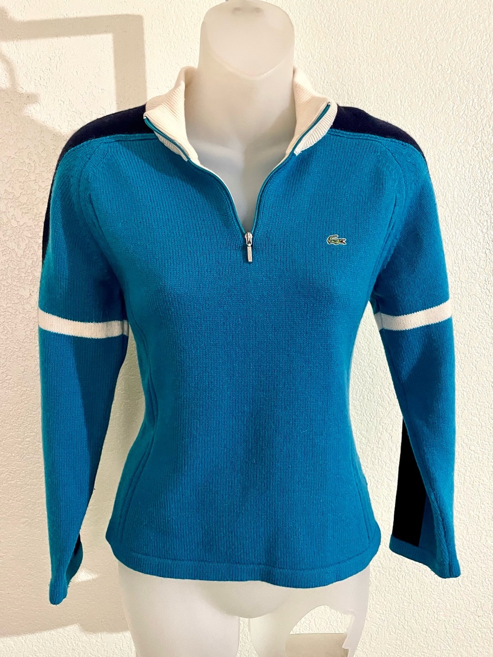 Lacoste Teal and Navy Half-Zip Pullover with White Trim women’s Sz 6